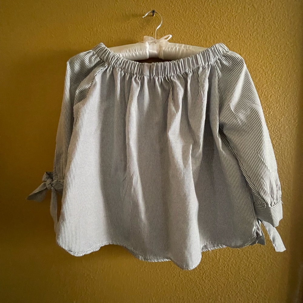 Blue and white striped off the shoulder shirt